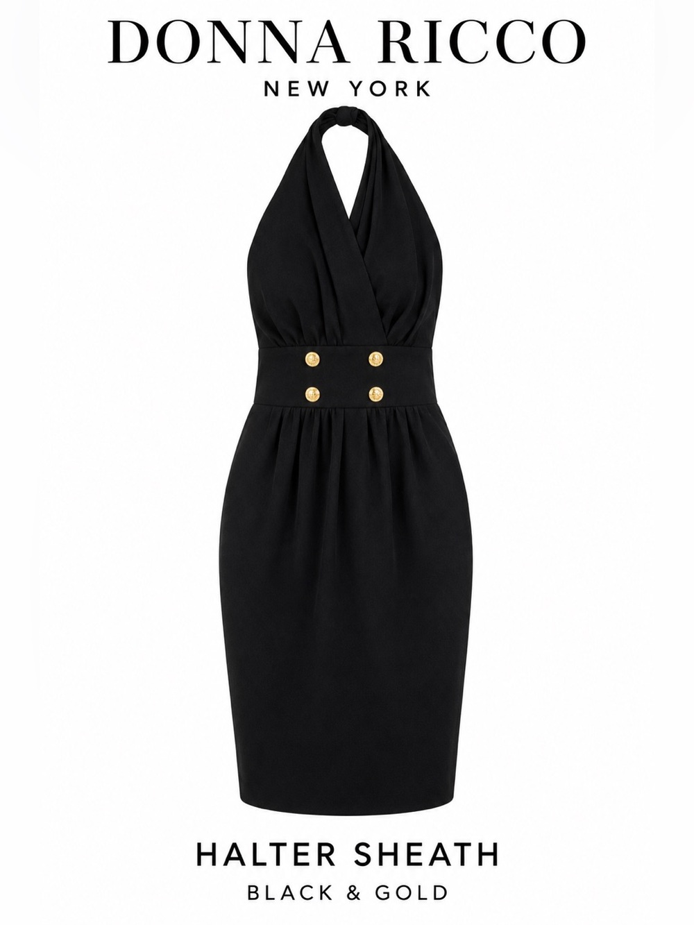Donna Ricco Black Backless Halter Sheath Dress with Gold Accents